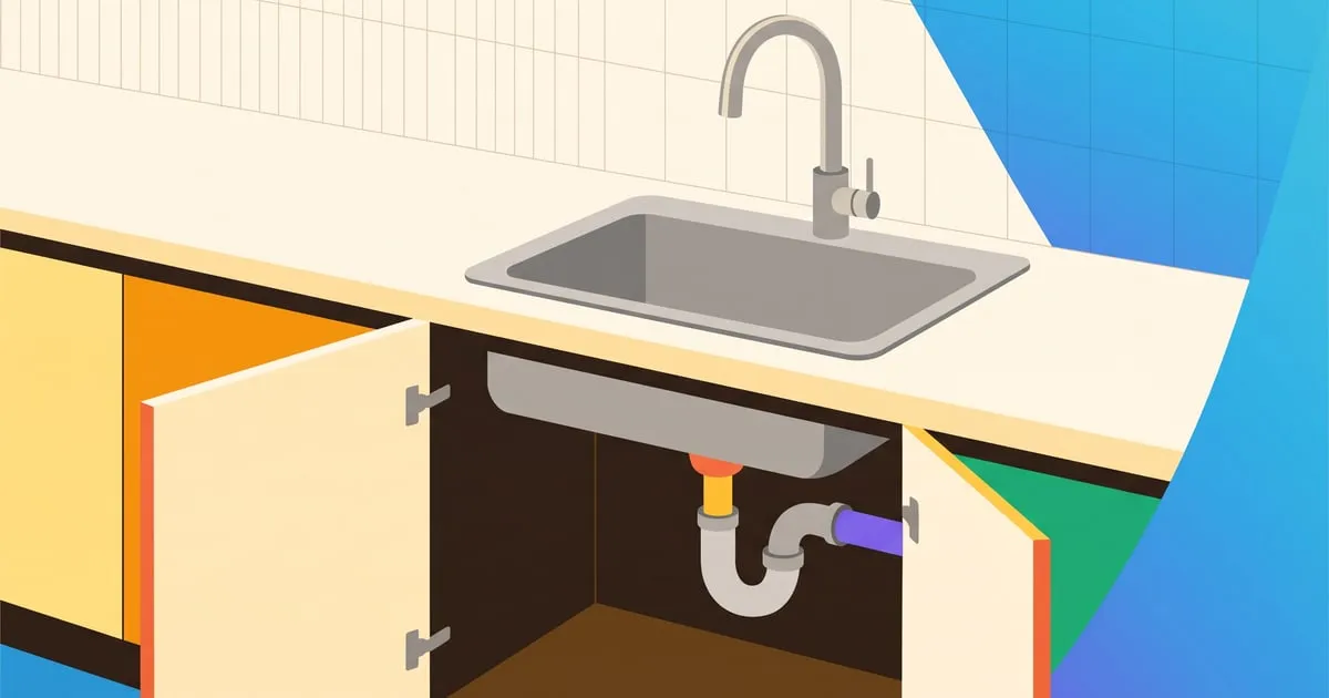 Ilustração de uma pia de cozinha com o gabinete aberto, mostrando o sifão em curva embaixo da cuba