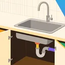 Ilustração de uma pia de cozinha com o gabinete aberto, mostrando o sifão em curva embaixo da cuba